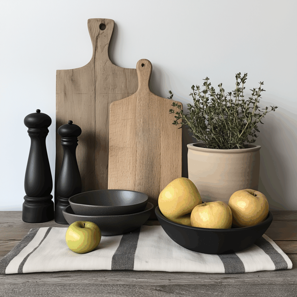 modern farmhouse moodboard with cutting boards, handmade ceramics and textures