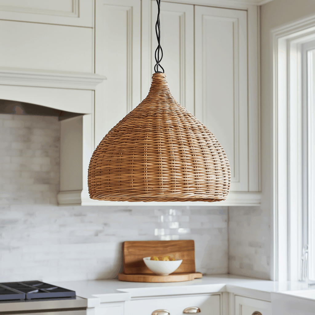 warm up kitchen with texture and rattan light fixtures 