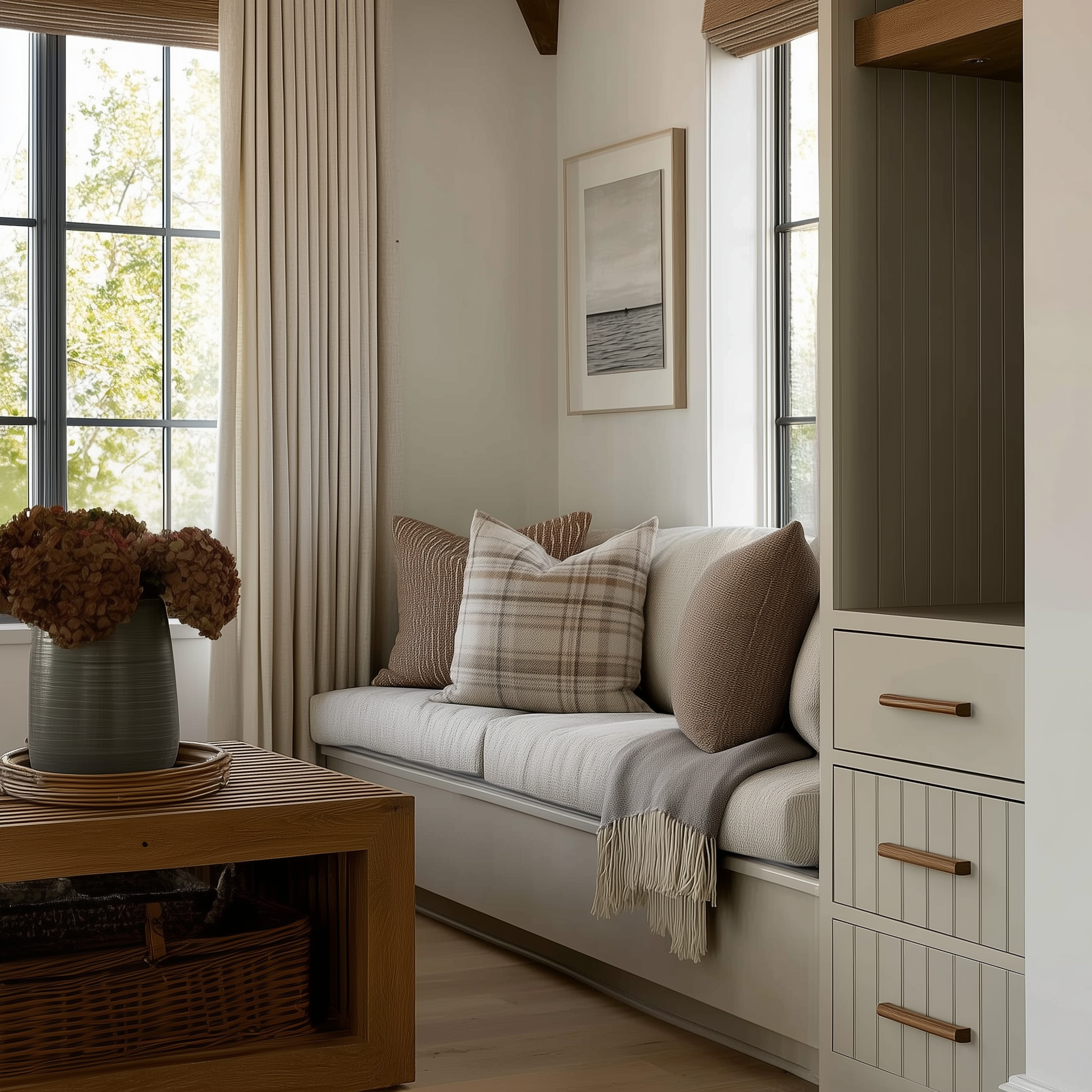 Cozy fall window seat with neutral pillows, textured throw, and natural light