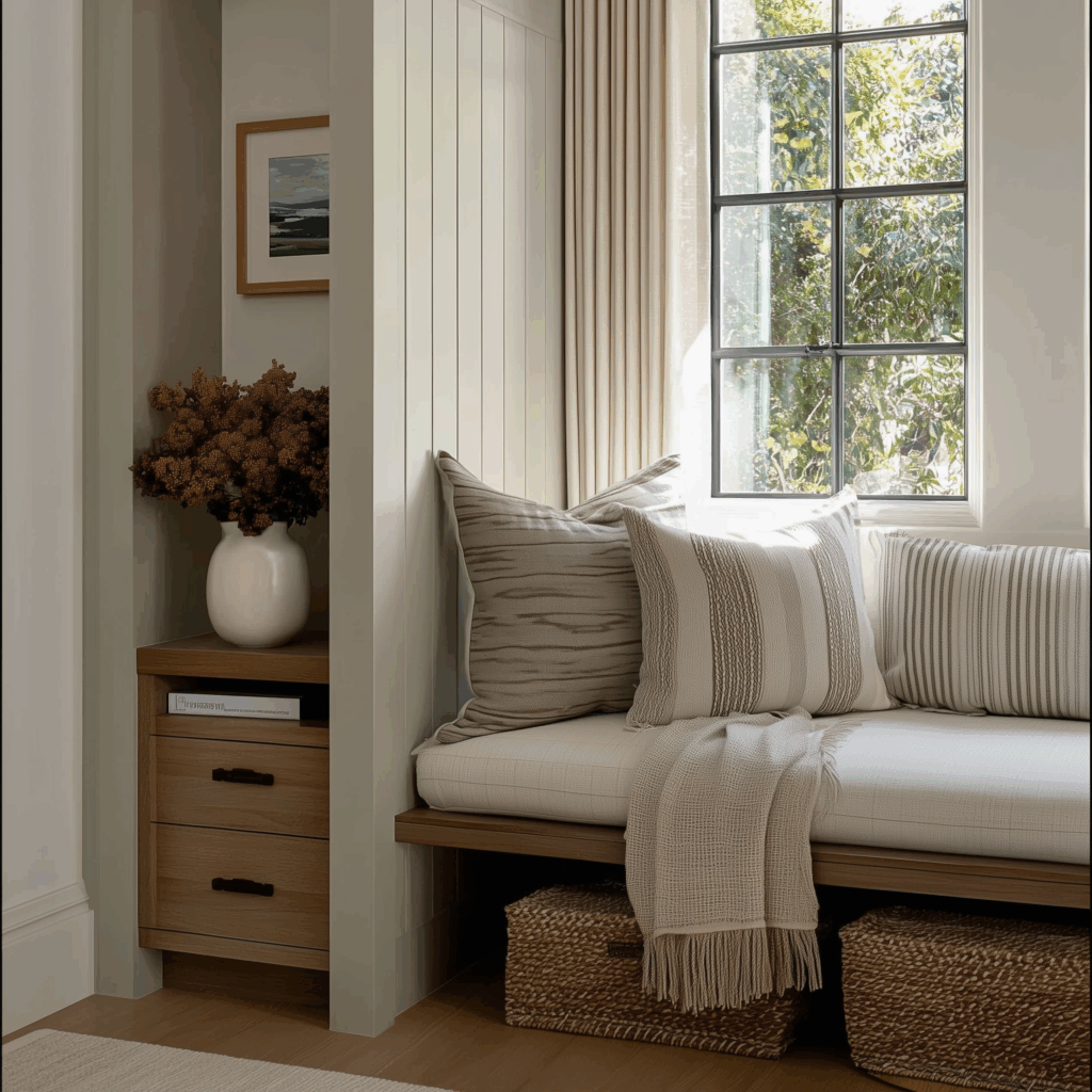 Cozy fall window seat with neutral pillows, textured throw, and natural light