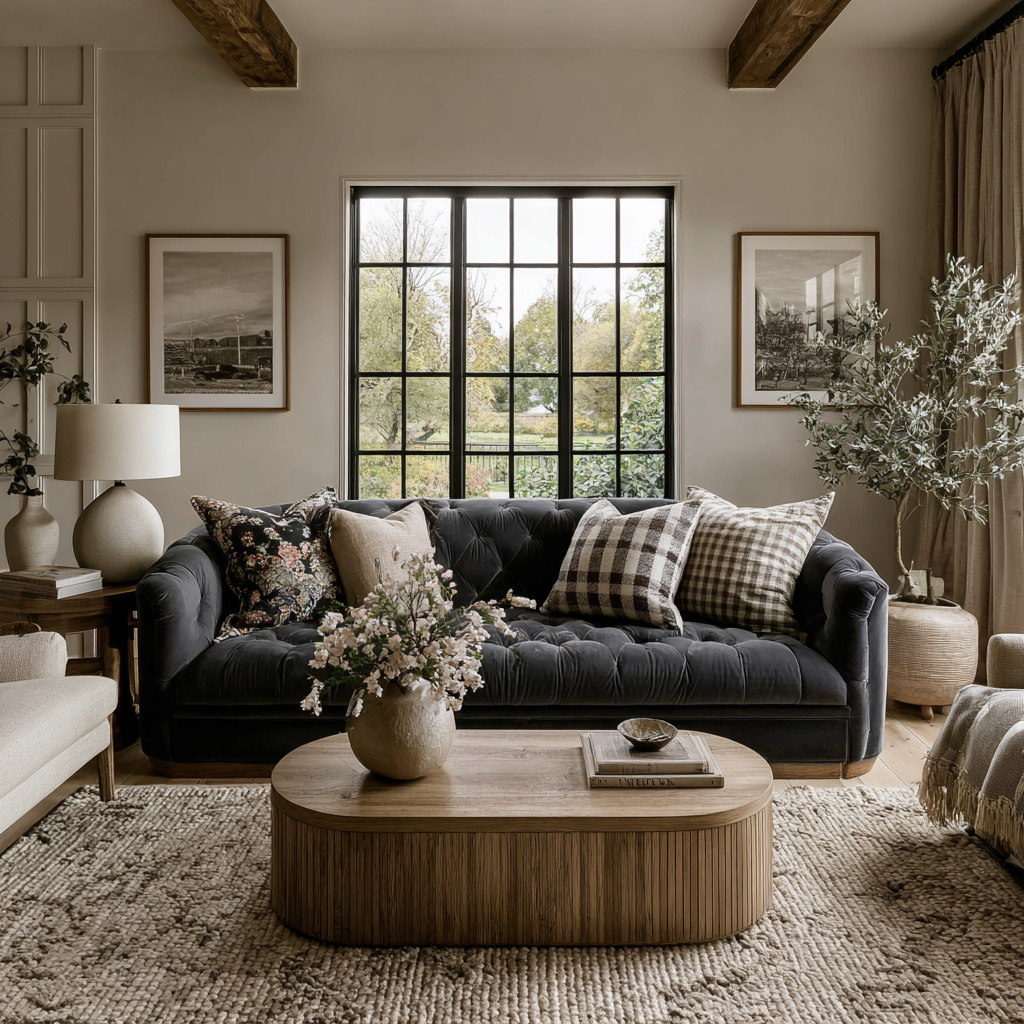 Layered living room with seating arranged for conversation and comfort.