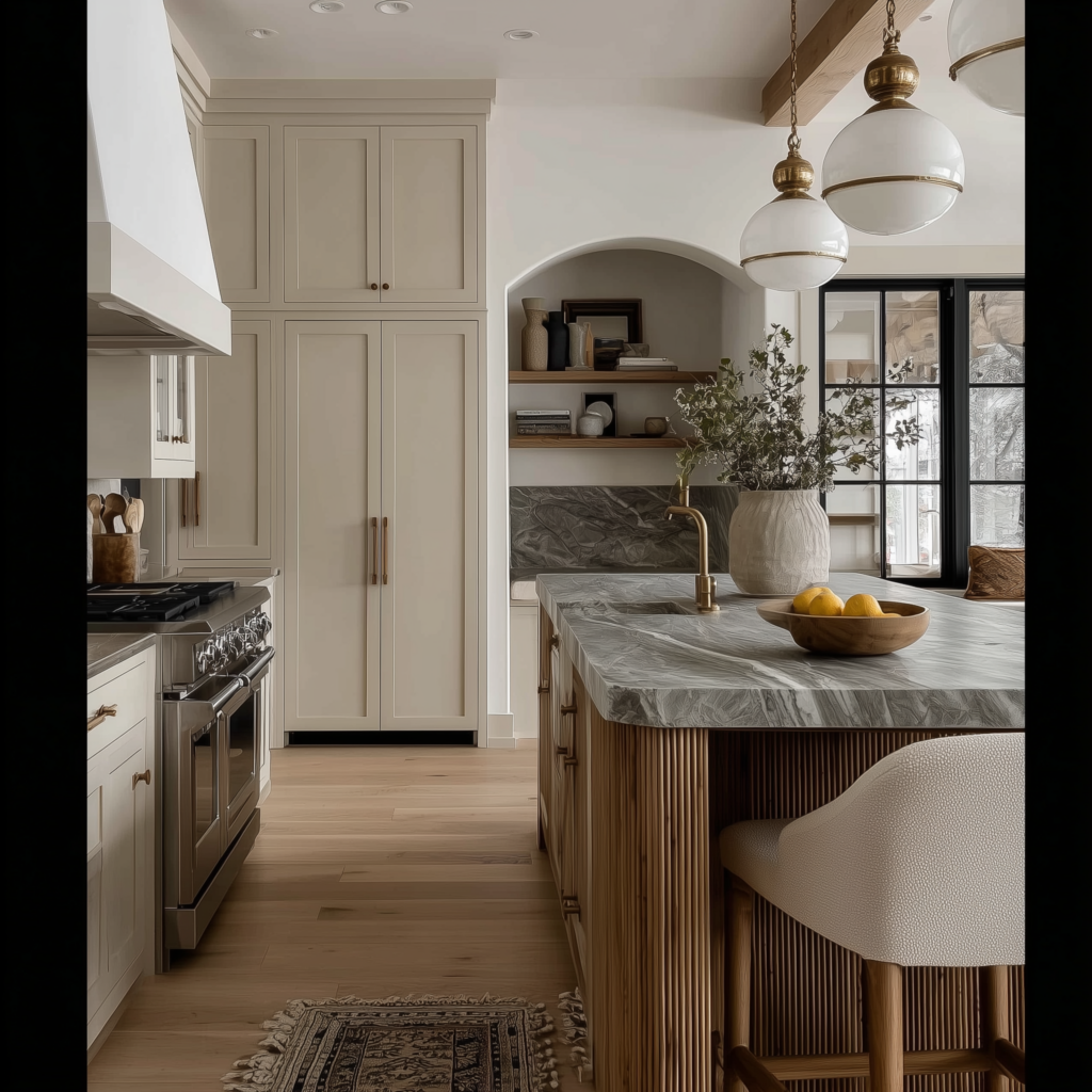 Functional kitchen rendering with clear counters and organized storage. 