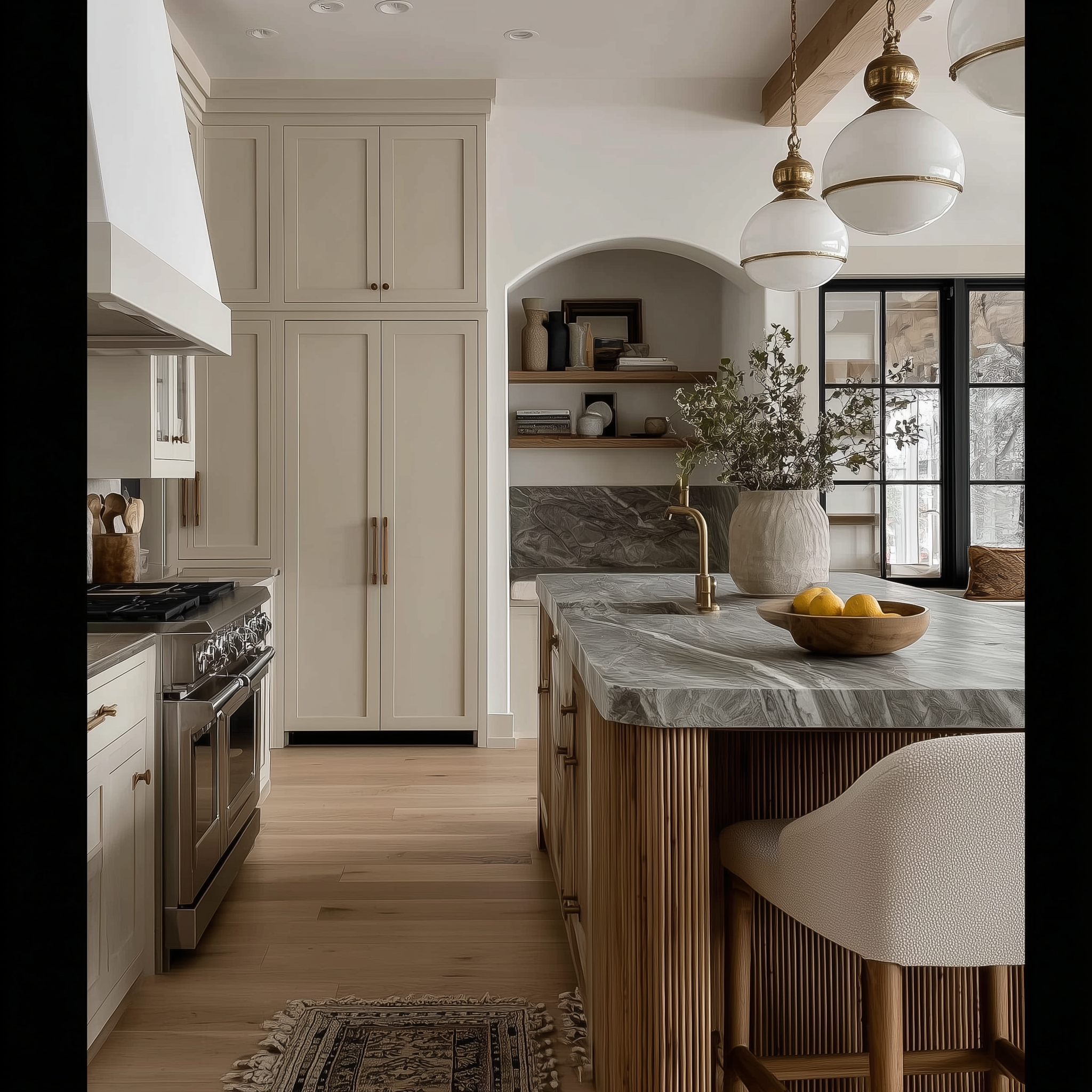 Functional kitchen rendering with clear counters and organized storage.