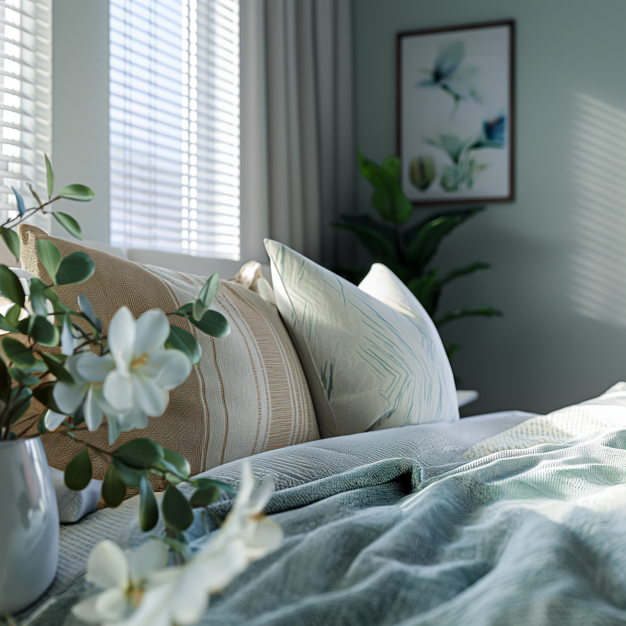 Biophilic bedroom design concept with sage palette, fresh eucalyptus, gardenia, and layered natural textiles for nervous system rest