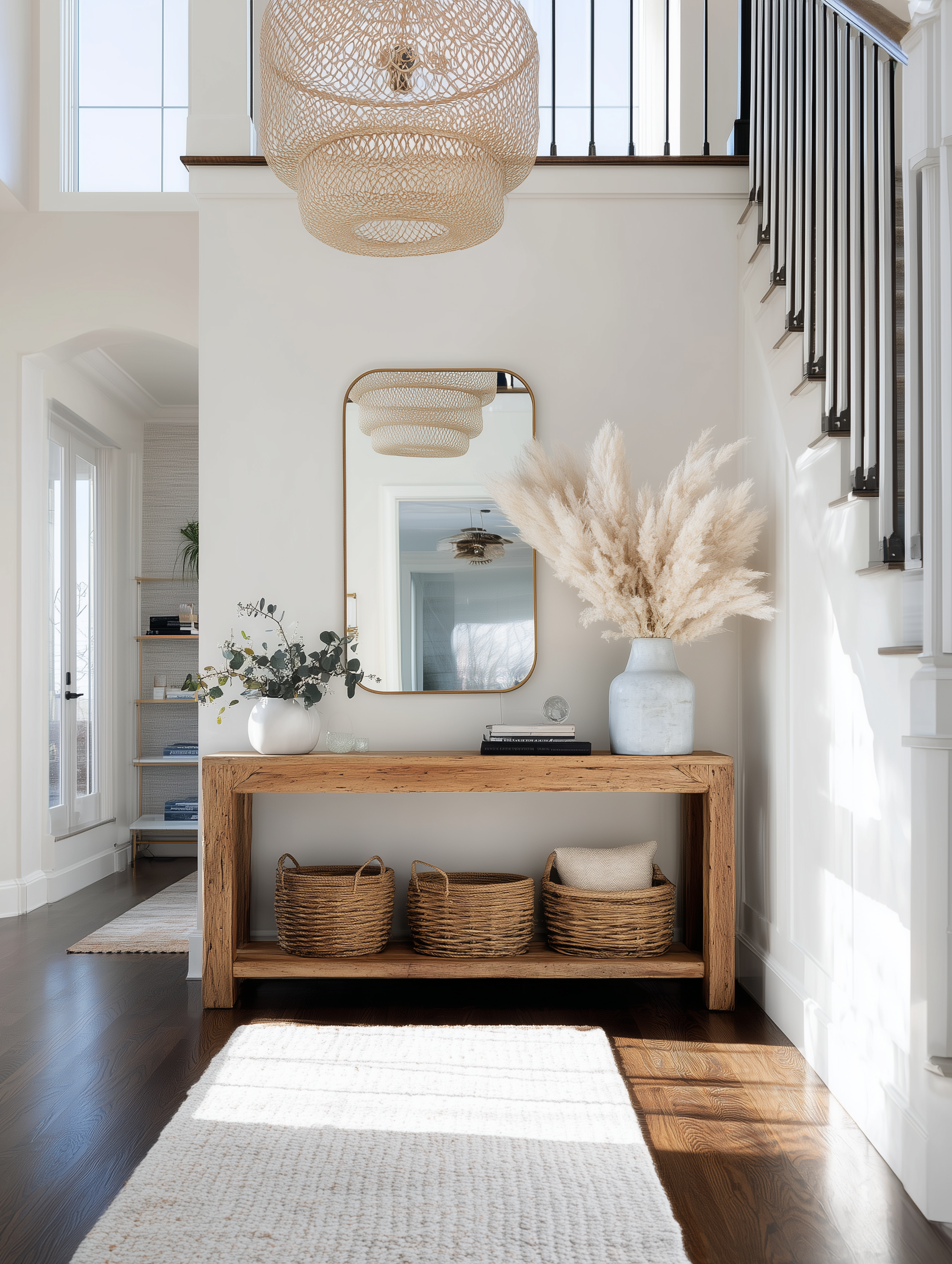 unlit entryway with a reclaimed-wood console, fresh eucalyptus in a vase, woven storage baskets, and a gold mirror — a warm biophilic entry design