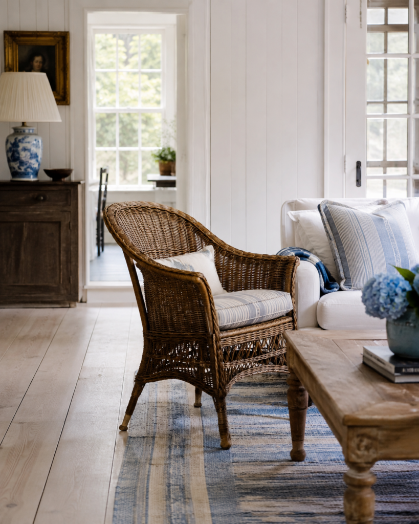 A collected Nantucket-style living room with a linen slipcovered sofa, vintage rattan chairs, a weathered wood coffee table, jute rug, and a small sailboat seascape.