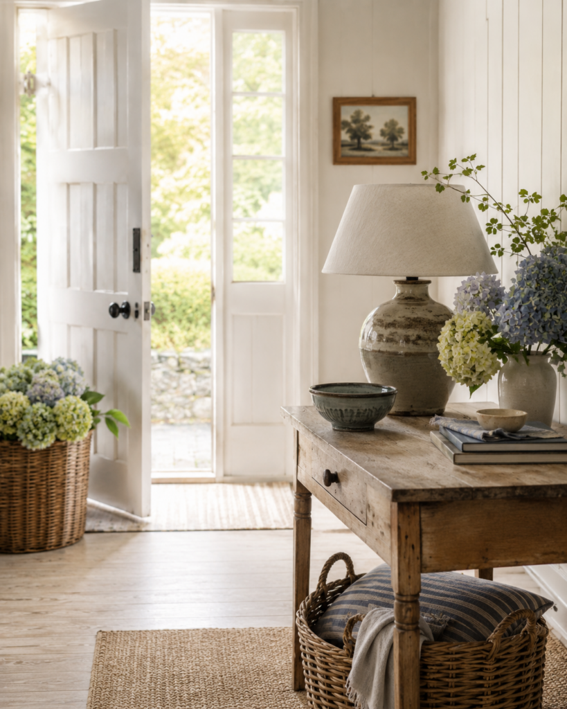 A weathered wood console styled with thrifted Nantucket-style finds — a lidded seagrass basket, stoneware bowls, a ceramic lamp, and hydrangeas.