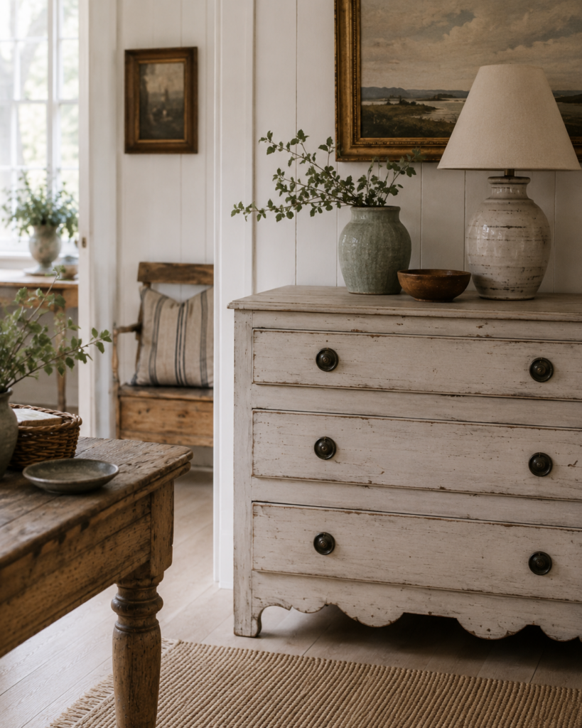 A softly worn painted chest with aged brass pulls, a ceramic lamp, a wooden bowl, and a vintage landscape painting above — collected Nantucket style.